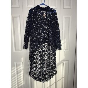 Pretty Garden Tunic Top Cover-up Crochet Dramatic High Low Hem Sheer Navy Sz M